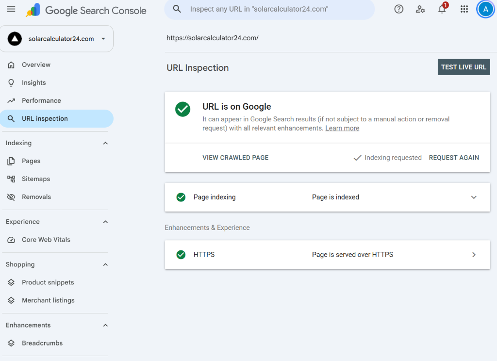 Google Search Console URL Inspection proving solarcalculator24.com is indexed and verified with HTTPS and Merchant listings
